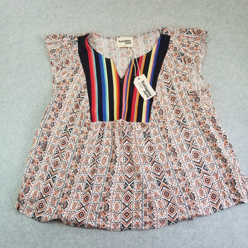 Savanna Jane Womens 3X Multicolor Boho Embroidered Bib Blouse Shirt NWT